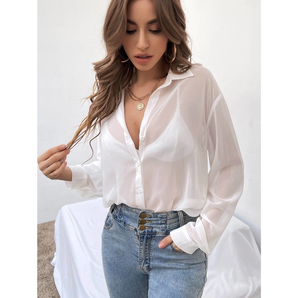Button up Drop Shoulder Sheer Shirt (Without Bra) white - Picture 1 of 7